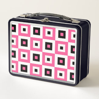 Pink Black and White Checkered Squares Pattern Metal Lunch Box