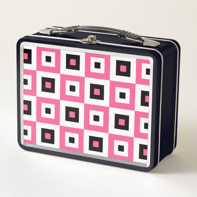 Pink Black and White Checkered Squares Pattern Metal Lunch Box (Front)