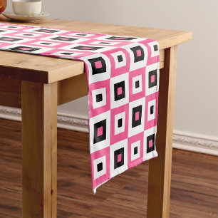Pink Black and White Checkered Squares Pattern Short Table Runner