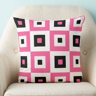 Pink Black and White Checkered Squares Pattern Throw Pillow