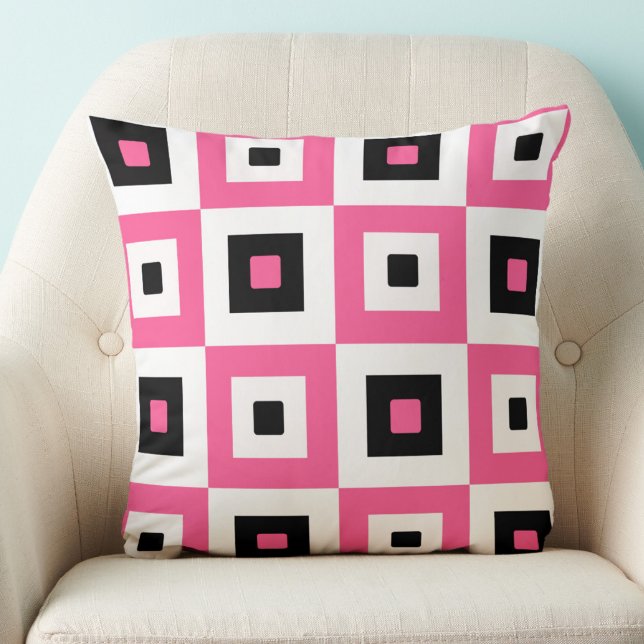 Pink Black and White Checkered Squares Pattern Throw Pillow (Creator Uploaded)