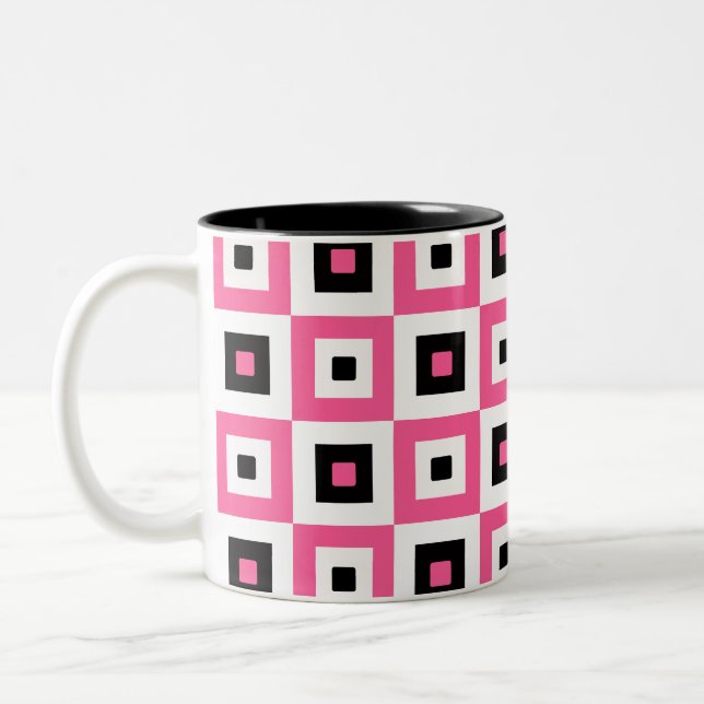 Pink Black and White Checkered Squares Pattern Two-Tone Coffee Mug (Left)