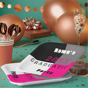 Pink, black and white custom graduation party pa paper plates