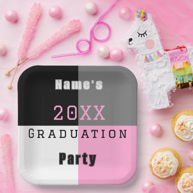 Pink, black and white custom graduation party pa paper plates (Party)