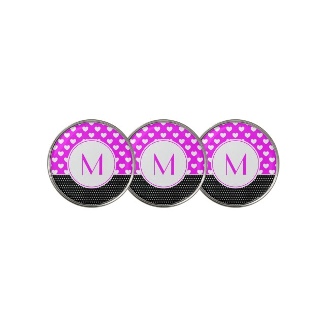Pink, black and white custom monogram feminine golf ball marker (3 Up)