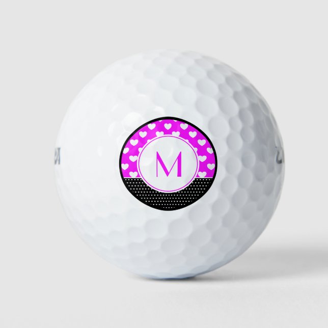 Pink, Black And White Custom Monogram Golf Balls (Front)