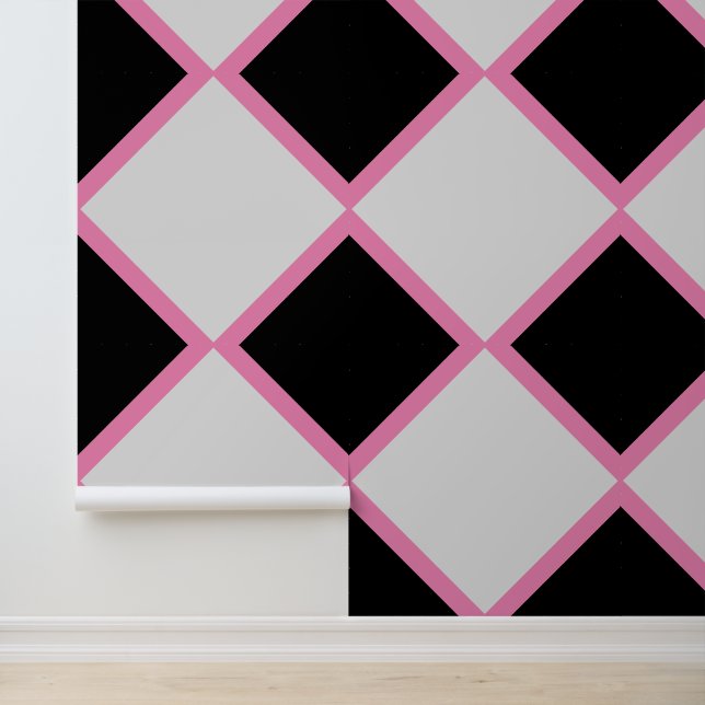 Pink Black and White Diamond Checkerboard Dramatic Wallpaper (Application)