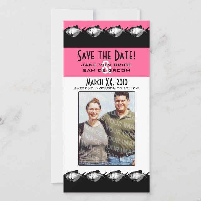 Pink, Black and White Fish Save The Date (Front)