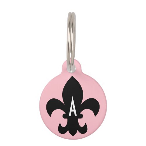 Pink Black and White Fleur de Lis Monogram Pet Name Tag