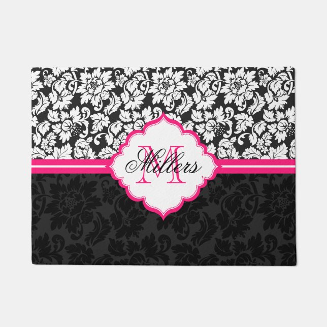 Pink Black And White Floral Damasks Doormat (Front)