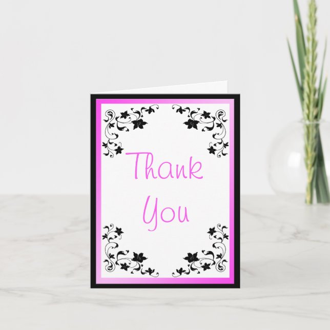 Pink, Black, and White Floral Thank You Card (Front)