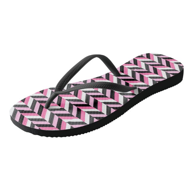 Pink Black and White Geometric  Flip Flops (Angled)