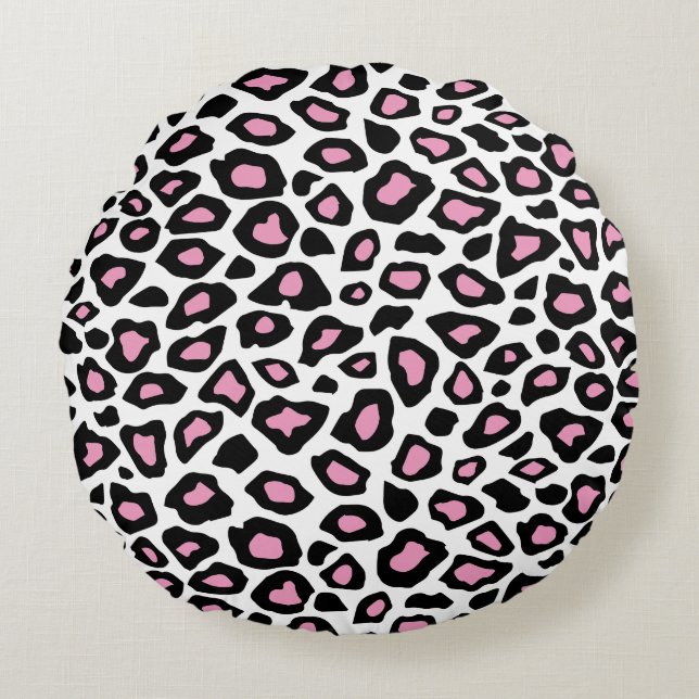 Pink, Black and White Jaguar Print Round Pillow (Front)
