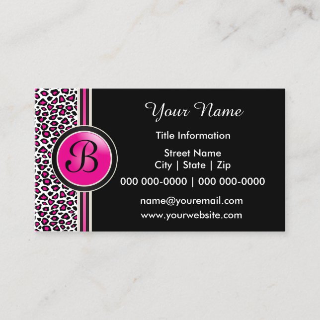 Pink, Black and White Leopard Print Business Card (Front)
