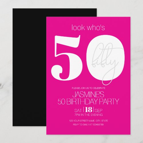 Pink Black And White Modern Elegant 50 Birthday Invitation