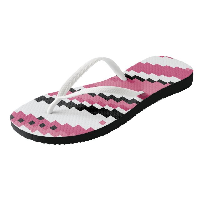 pink black and white pixel art flip flops (Angled)
