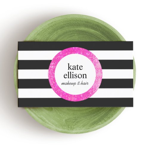 Pink   Black and White Striped Beauty Business Card