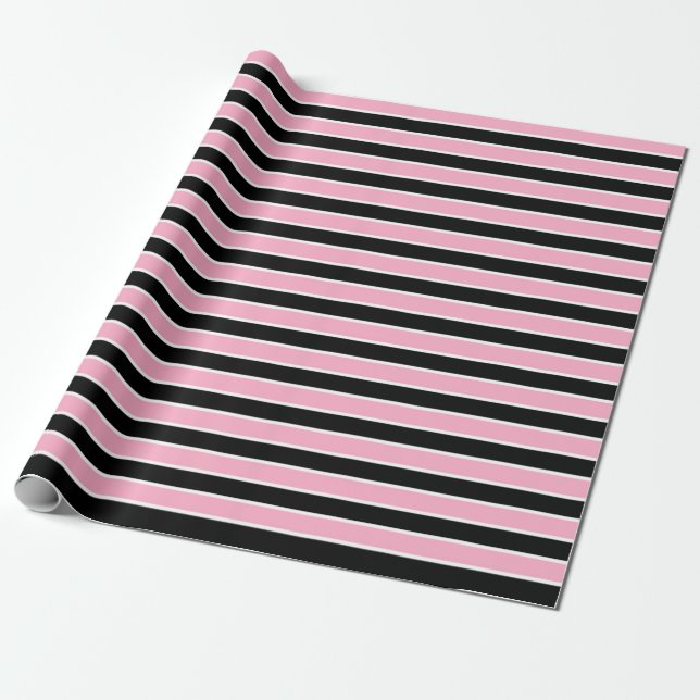 Pink, Black and White Stripes Wrapping Paper (Unrolled)