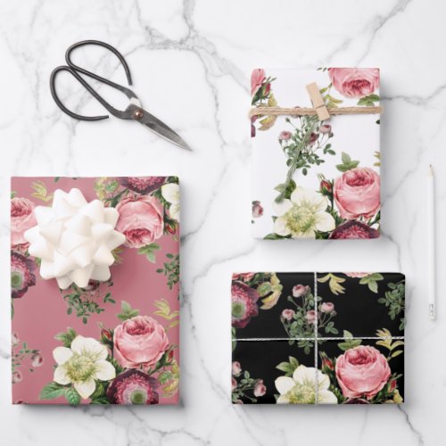 Pink black and White Vintage Rose Floral Patterns Wrapping Paper Sheets