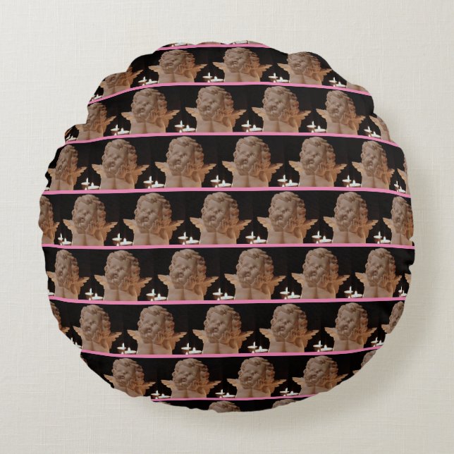 Pink Black 'Angel in Candlelight' Back & Front Round Pillow (Front)