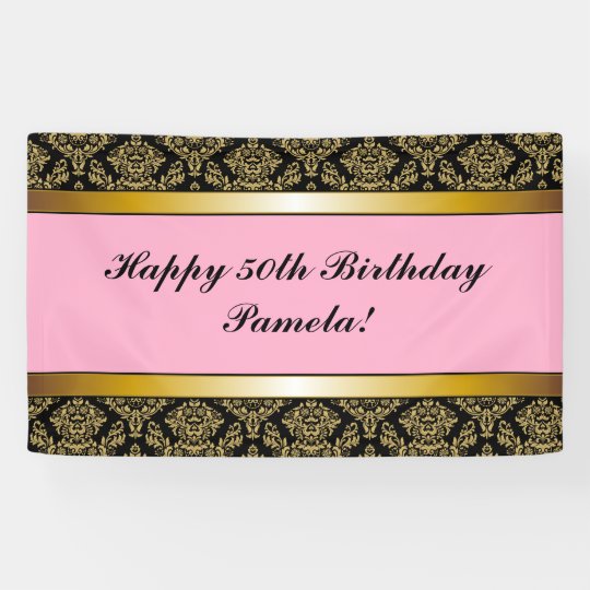pink black any age gold damask birthday banner zazzle com