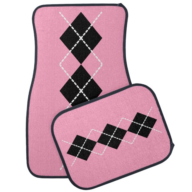 Pink Black Argyle Car Floor Mats  (Set)