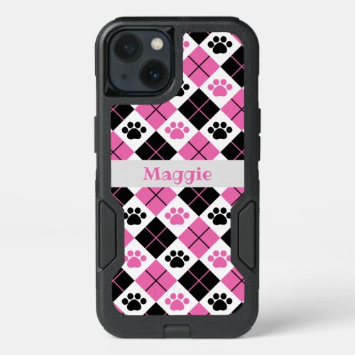 Pink  Black Argyle Paw Pattern iPhone 13 Case