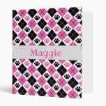 Pink &amp; Black Argyle Paw Print Pattern 3 Ring Binder