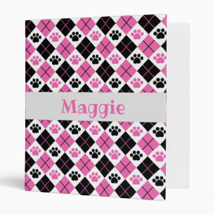 Pink & Black Argyle Paw Print Pattern 3 Ring Binder