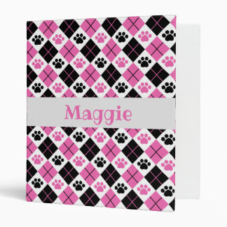 Pink & Black Argyle Paw Print Pattern 3 Ring Binder