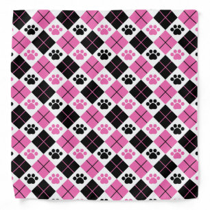 Pink & Black Argyle Paw Print Pattern Bandana