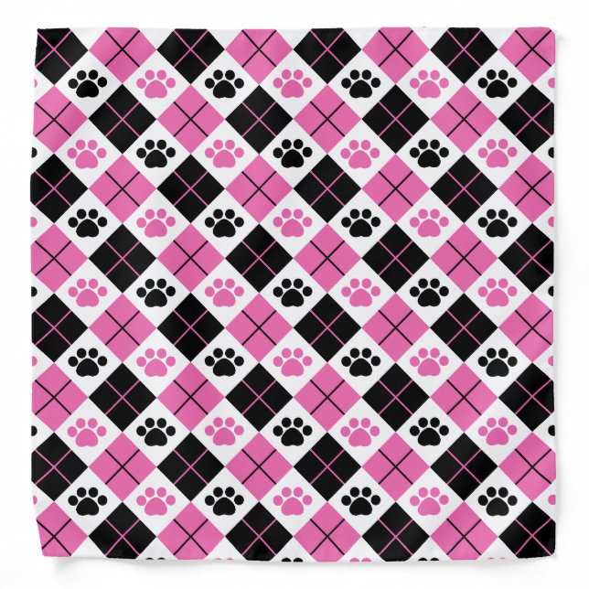 Pink & Black Argyle Paw Print Pattern Bandana (Front)