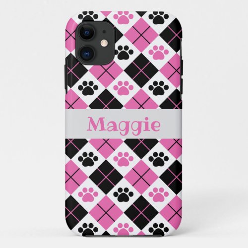 Pink  Black Argyle Paw Print Pattern iPhone 11 Case