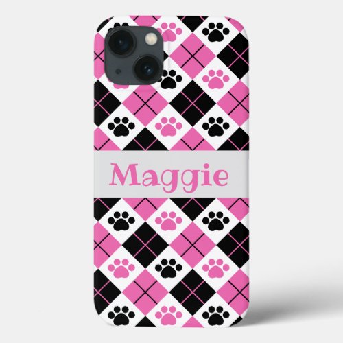Pink  Black Argyle Paw Print Pattern iPhone 13 Case