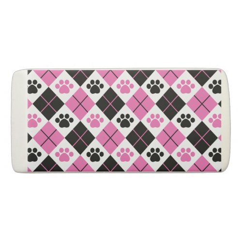 Pink  Black Argyle Paw Print Pattern Eraser