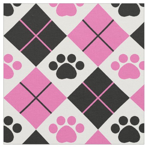 Pink  Black Argyle Paw Print Pattern Fabric
