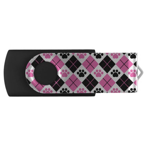 Pink  Black Argyle Paw Print Pattern Flash Drive