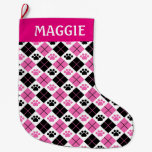 Pink &amp; Black Argyle Paw Print Pattern Large Christmas Stocking