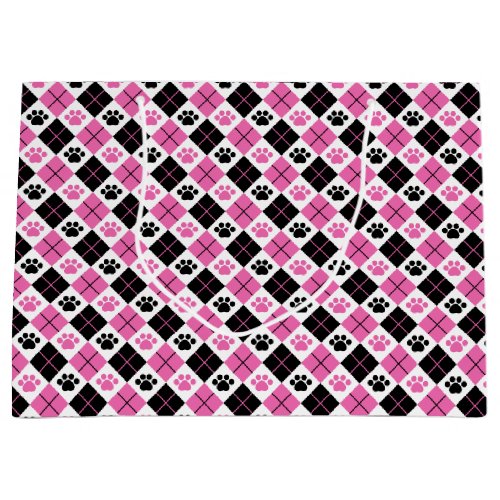 Pink  Black Argyle Paw Print Pattern Large Gift Bag