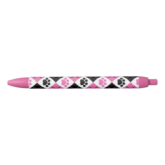 Pink & Black Argyle Paw Print Pattern Pen (Front)
