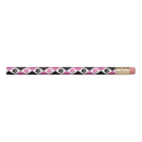 Pink  Black Argyle Paw Print Pattern Pencil