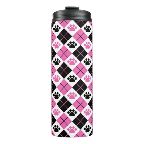 Pink  Black Argyle Paw Print Pattern Thermal Tumbler