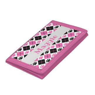 Pink & Black Argyle Paw Print Pattern Trifold Wallet