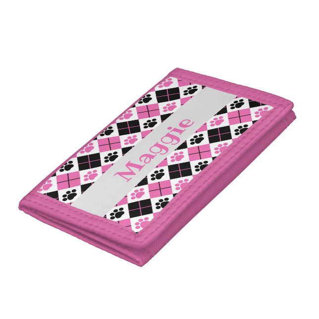 Pink & Black Argyle Paw Print Pattern Trifold Wallet (Bottom)