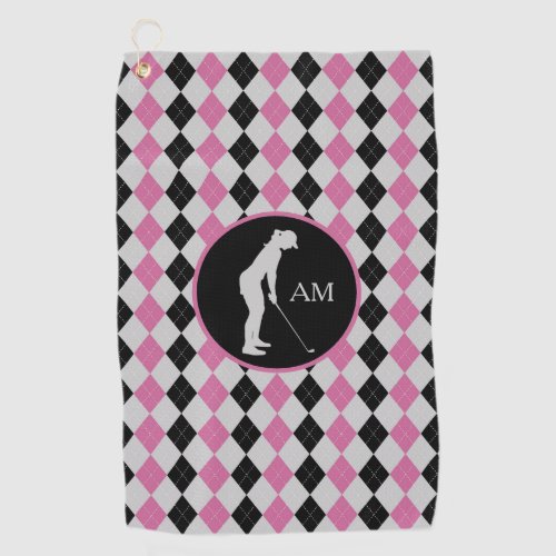 Pink Black Argyle Silhouette Golfer Monogram Golf Towel