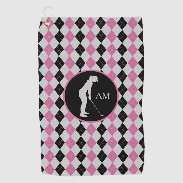 Pink Black Argyle Silhouette Golfer Monogram Golf Towel (Front)