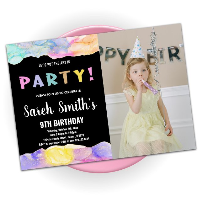 Pink Black Art in Party Paint Birthday With Photo Invitation (Creator Uploaded)