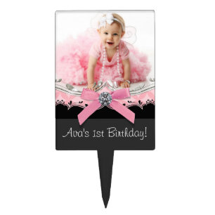 Pink Black Baby Girl Birthday Cake Topper