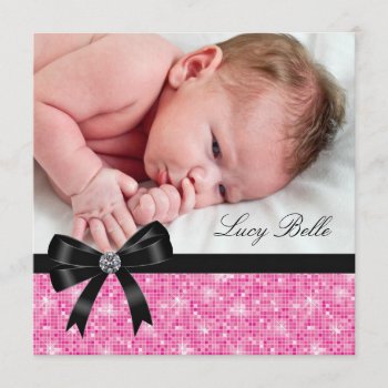 Pink Black Baby Girl Photo Birth Announcement by BabyCentral at Zazzle