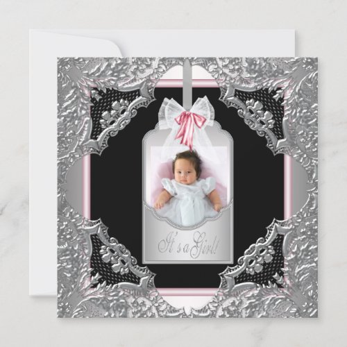 Pink Black Baby Girl Photo Birth Announcement